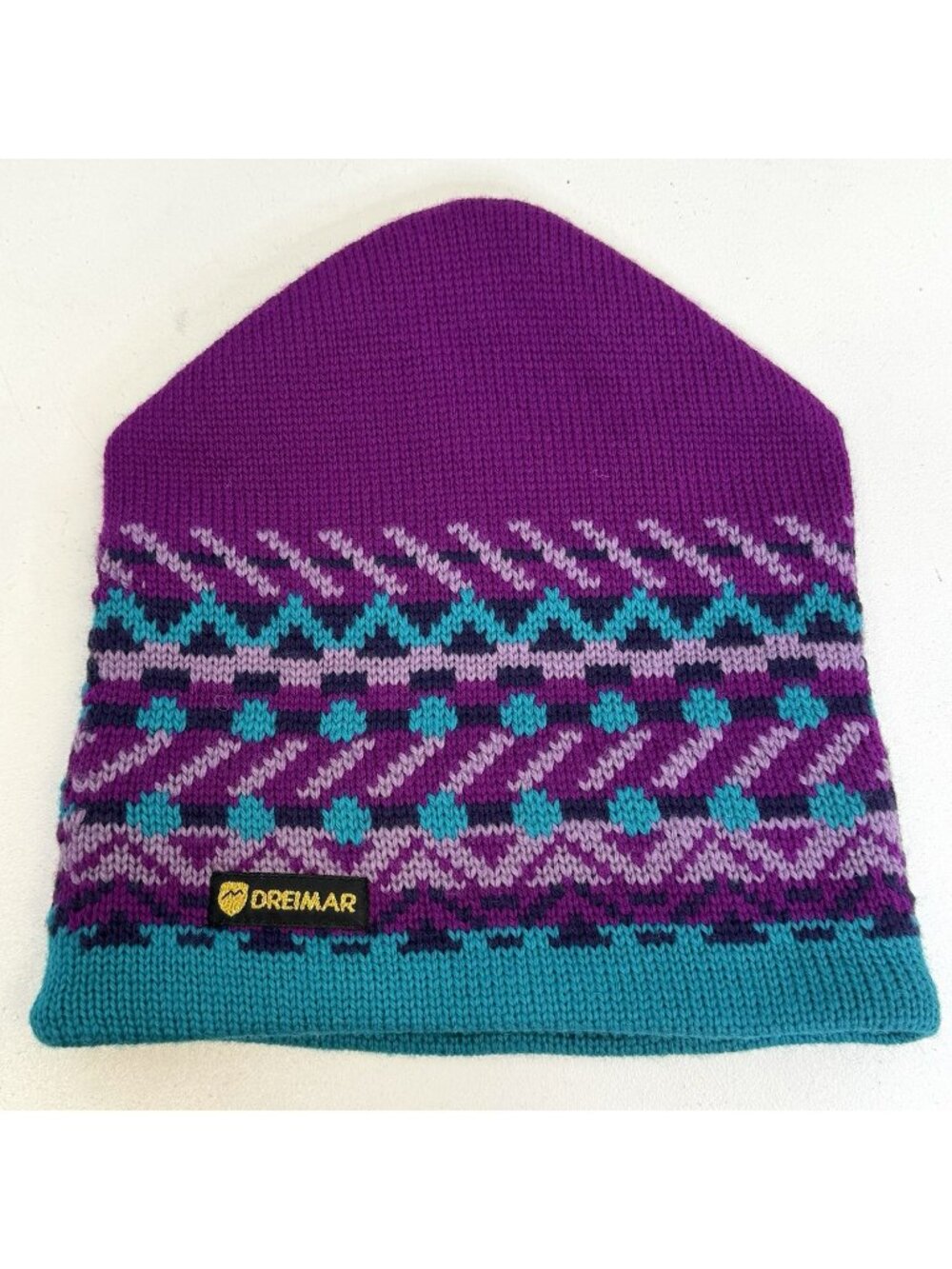 Vintage 90's Dreimar Ski Beanie Toque Hat Wool Knit Purple Teal Geometric